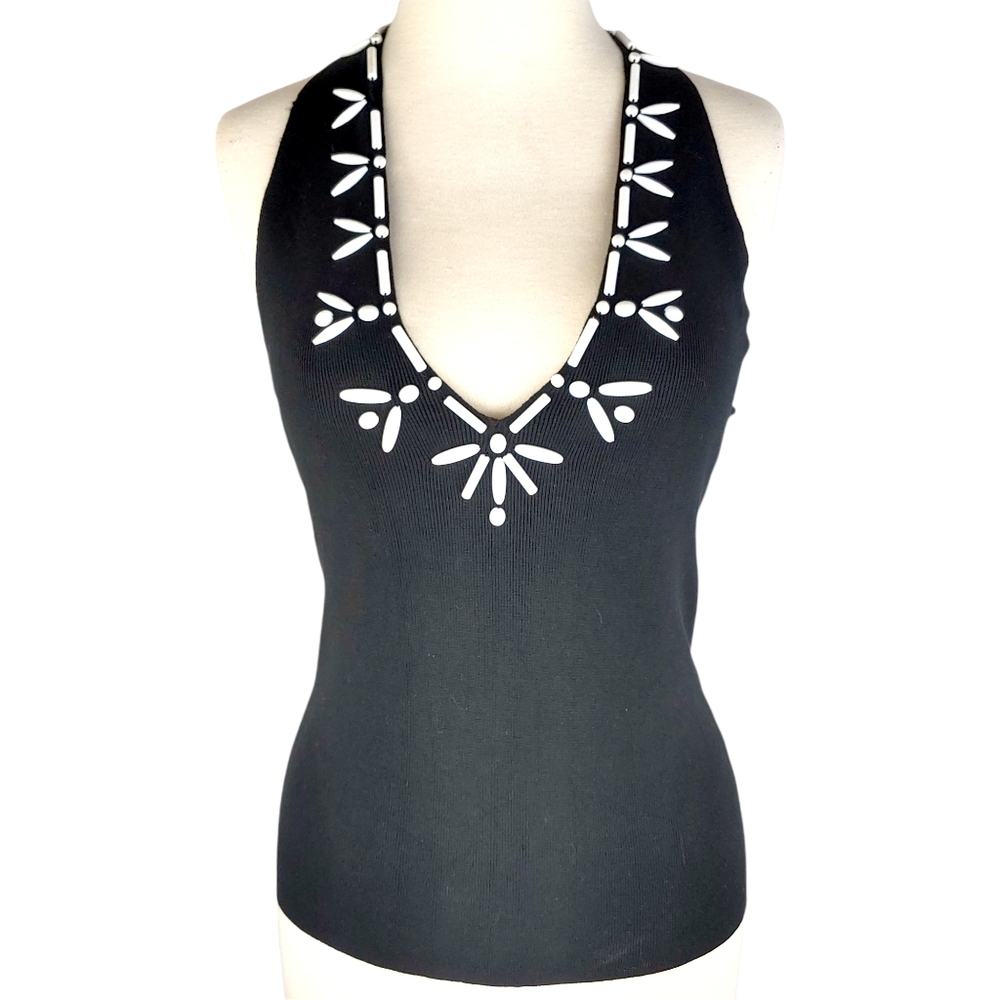 David Meister Halter Top With Beaded Detail Low Cut Black Size M